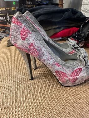 💜#65 Show Story Sparkle Bow Peep-Toe Women's Heels in Silver and Pink